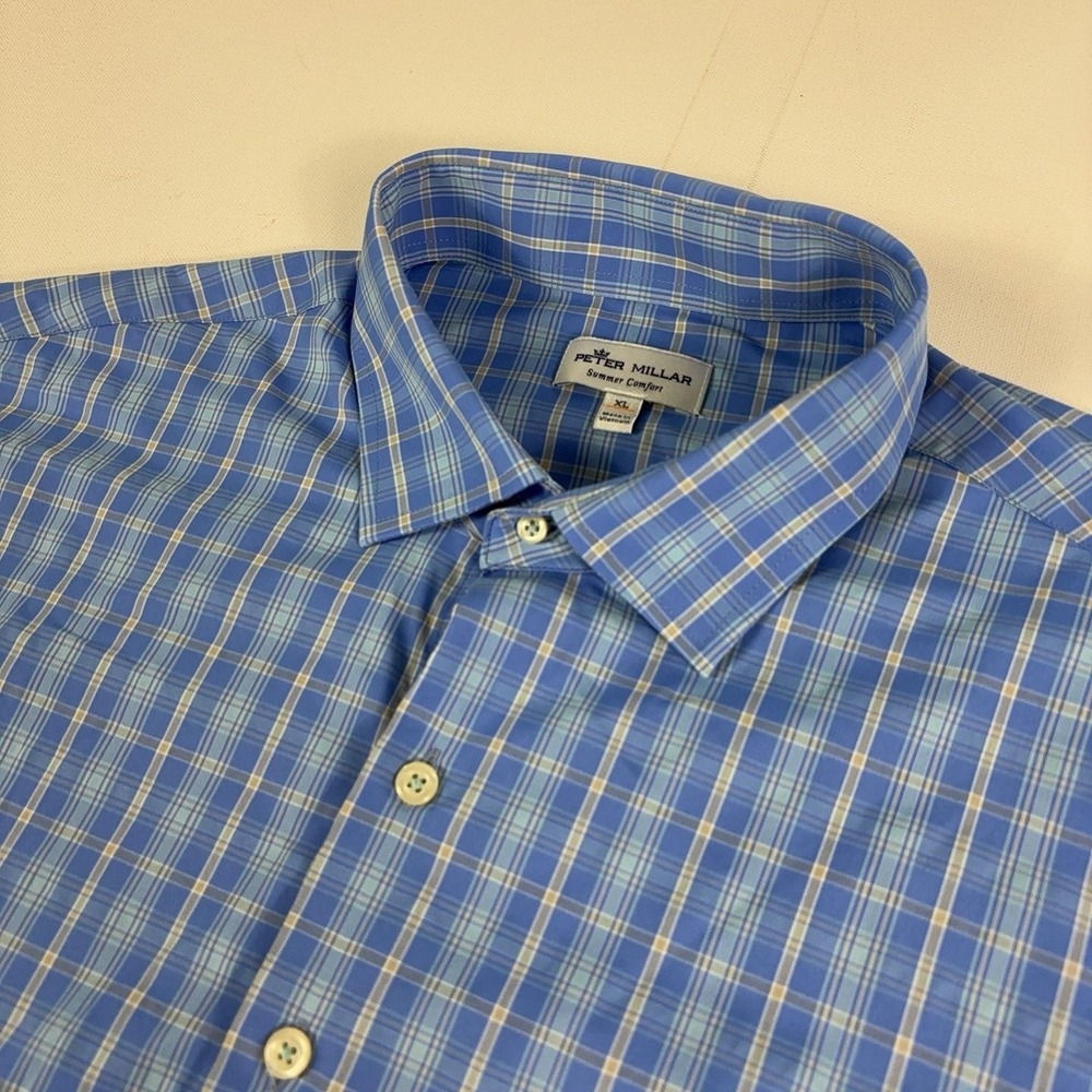 Peter Millar Shirt Mens XL Blue Plaid Long Sleeve Button Up Summer Comfort Golf